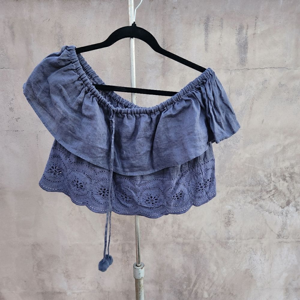 Chan luu blue linen layered top eyelet